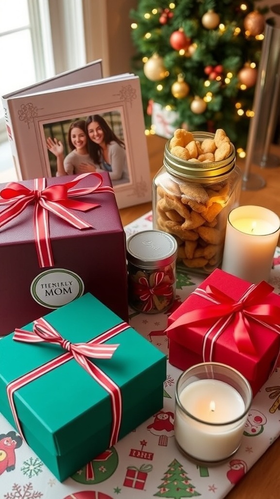 A collection of homemade Christmas gifts including a photo album, cookies, and candles, beautifully wrapped.